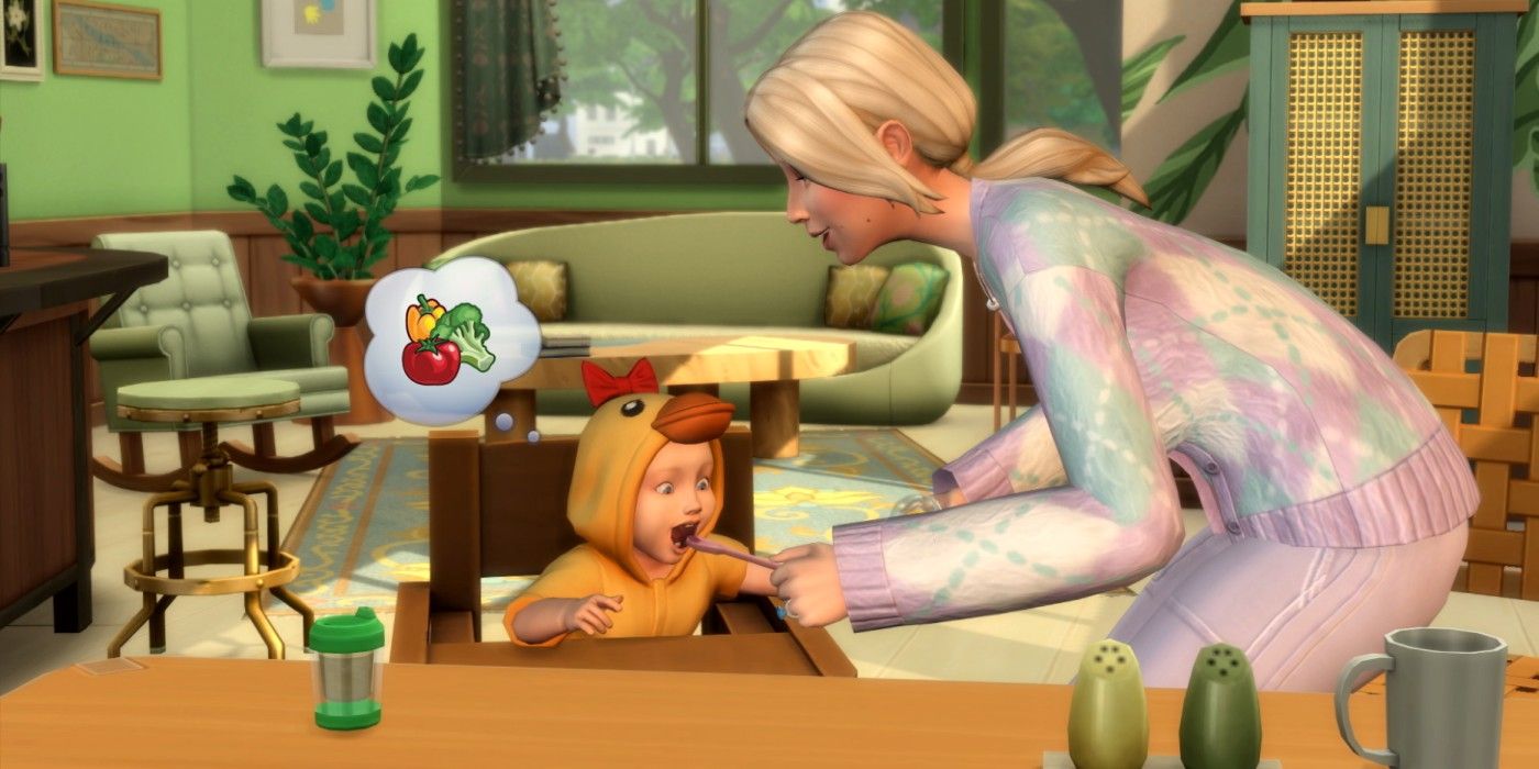 Sims 4 infant in a high chair being fed by an adult.
