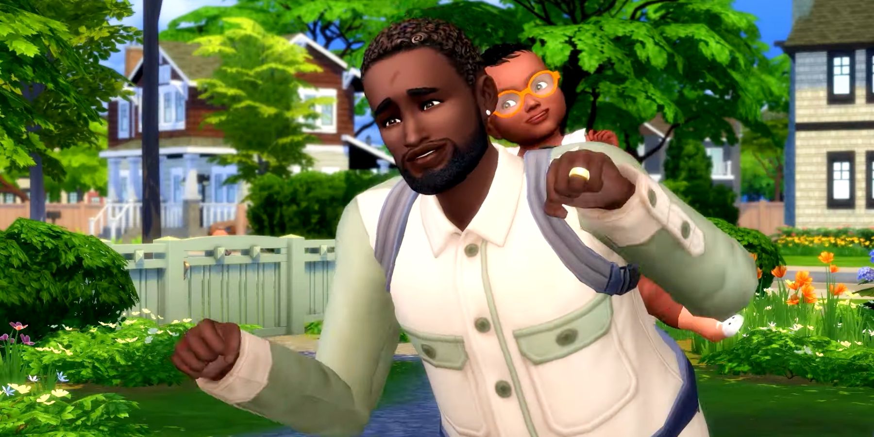 Une capture d'écran de la bande-annonce du pack d'extension Grandir ensemble des Sims 4, montrant un Sim adulte mimant tenant le guidon d'un vélo tandis que le bébé Sim dans un papoose sur le dos regarde par-dessus son épaule.