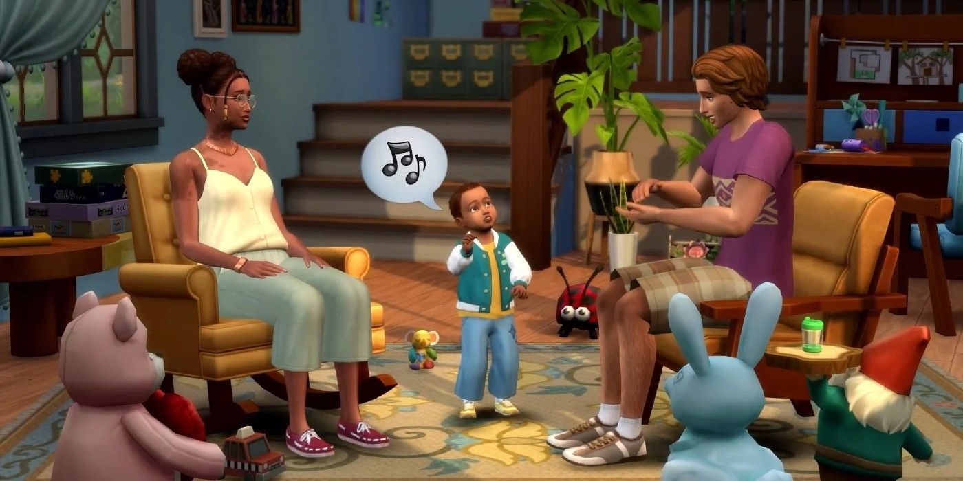 In The Sims 4 Growing Together, a toddler stands in a room full of toys telling two adults sitting about music.