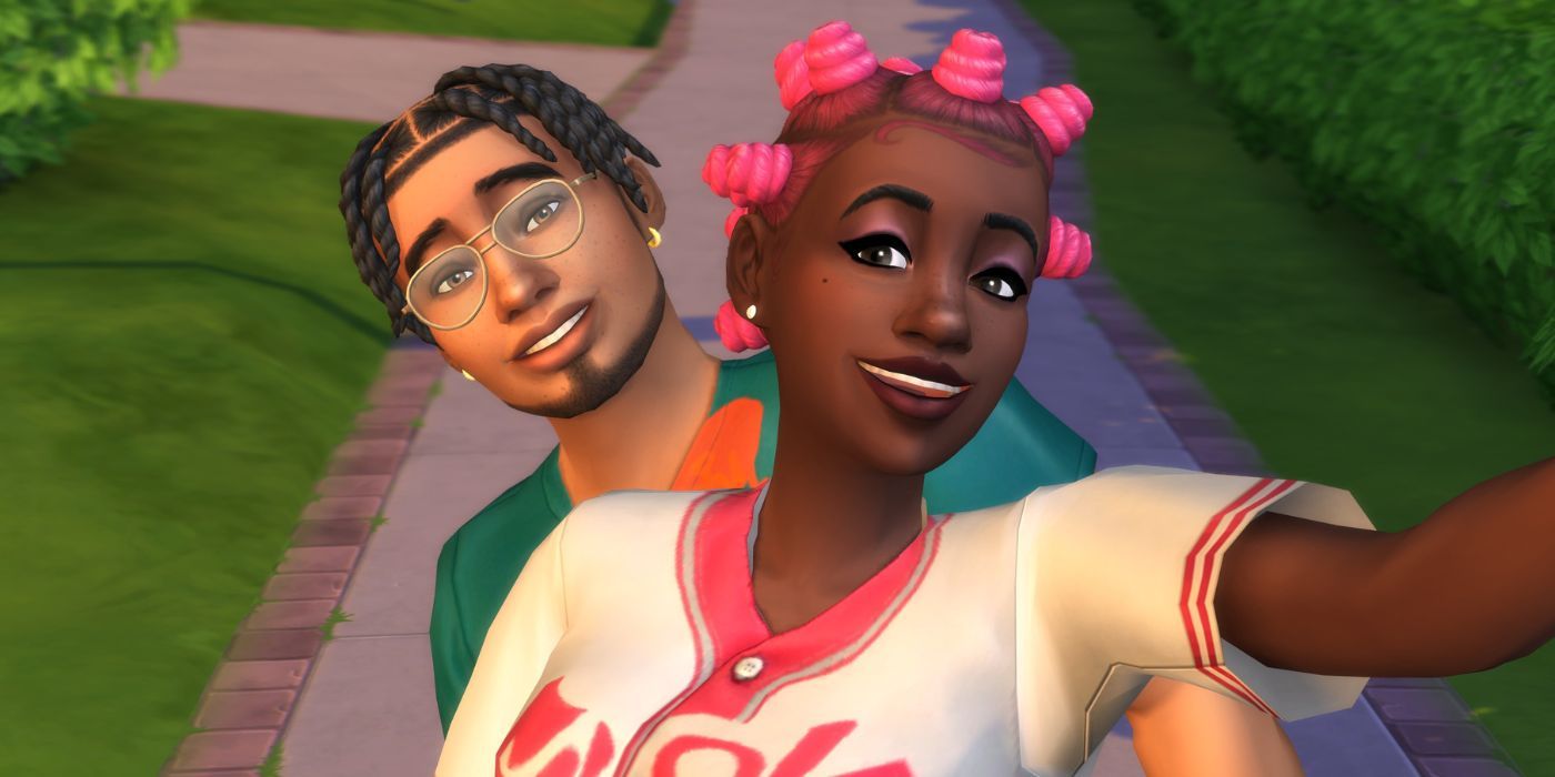 A female Sim with pink bantu knots and a male Sim with two-strand twists taking a selfie together in The Sims 4.
