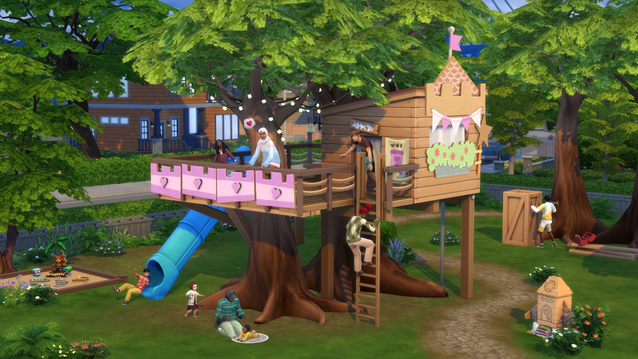 Sims 4 Treehouse covered in banners, one child stands on its ledge and another is climbing it.