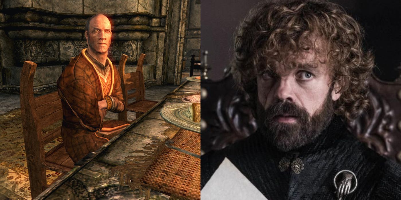 Skyrim&rsquo;s Thonar Silver-Blood sitting with his arms crossed on the left, and an image of Tyrion Lannister from Game of Thrones on the right.