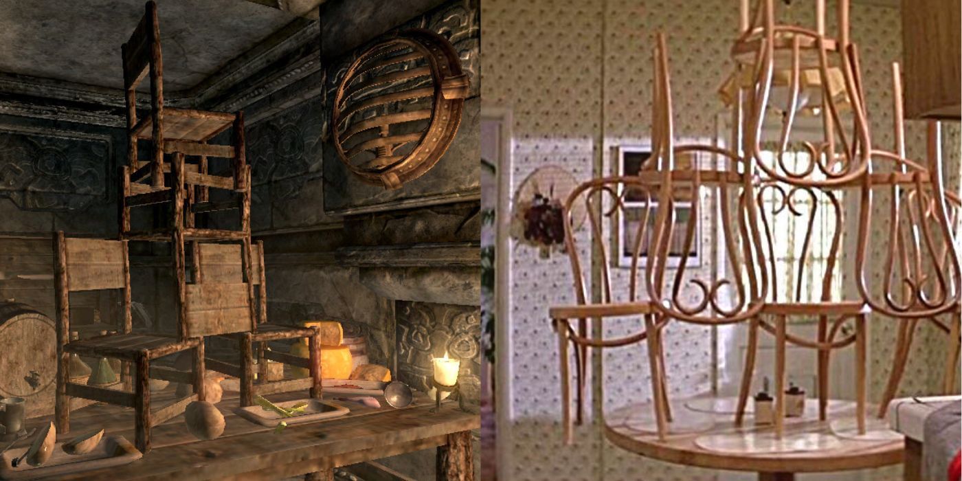 An image of the chairs in the House of Horrors quest stacked to look like the scene from the Poltergeist movie, which is shown to the right.