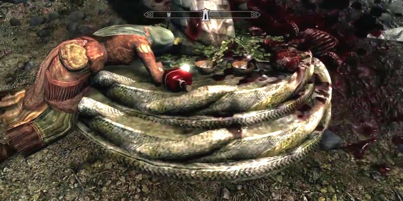 An image of two dead Skyrim NPCs leaning against a table with potions next to their hands, alluding to Romeo and Juliet.