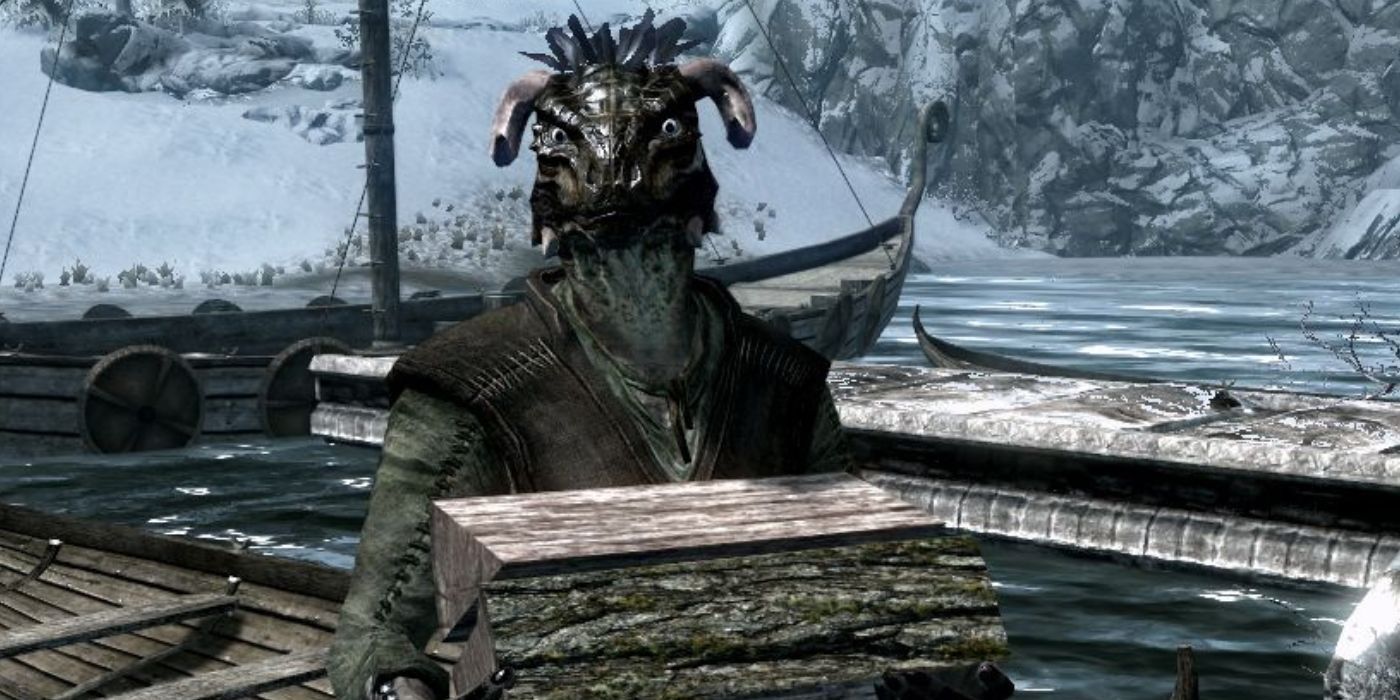 An image of Skyrim&rsquo;s Scouts-Many-Marshes, holding some wood and standing on the Windhelm docks.