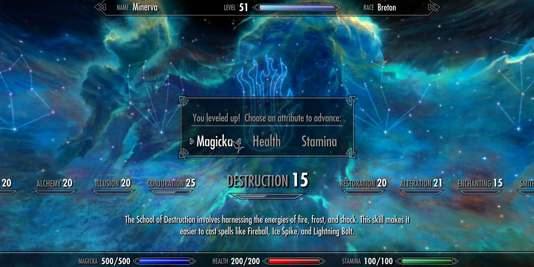 O menu de subida de nível Skyrim mostra a distribuição de pontos entre saúde, magia e resistência.