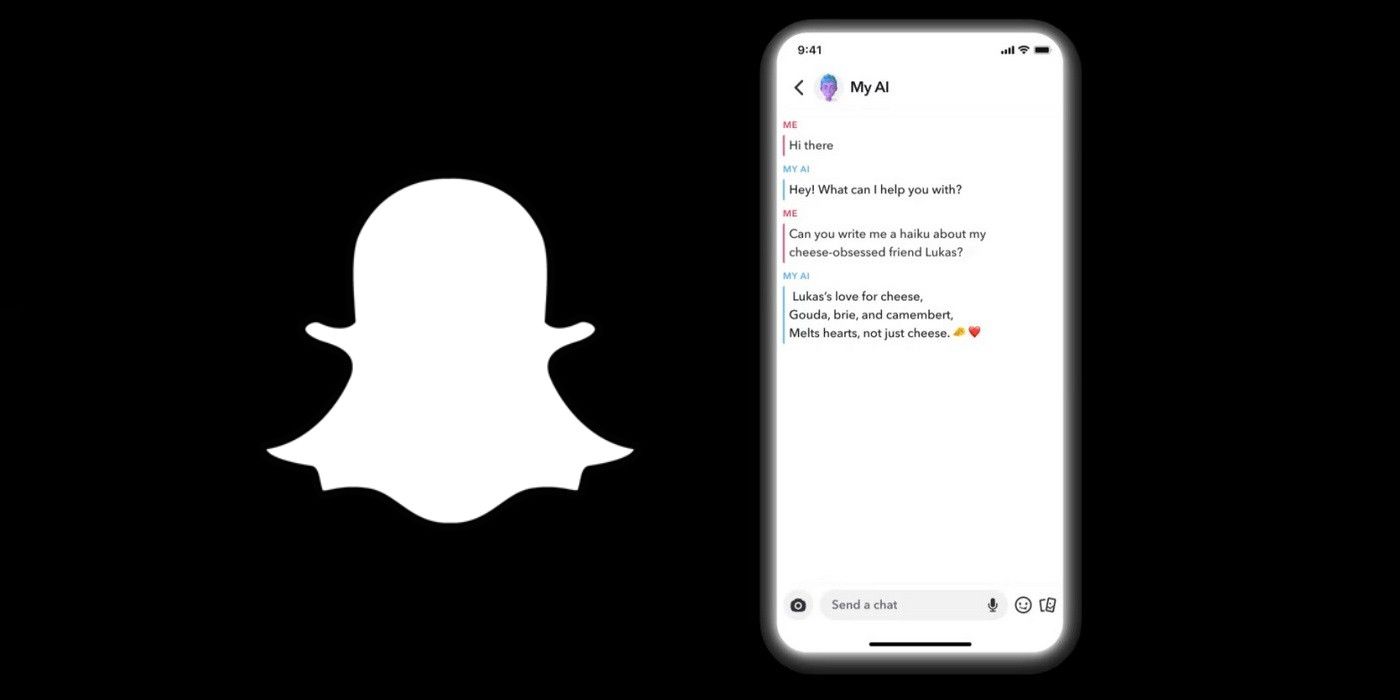 White Snapchat logo next to a My AI screenshot on black background