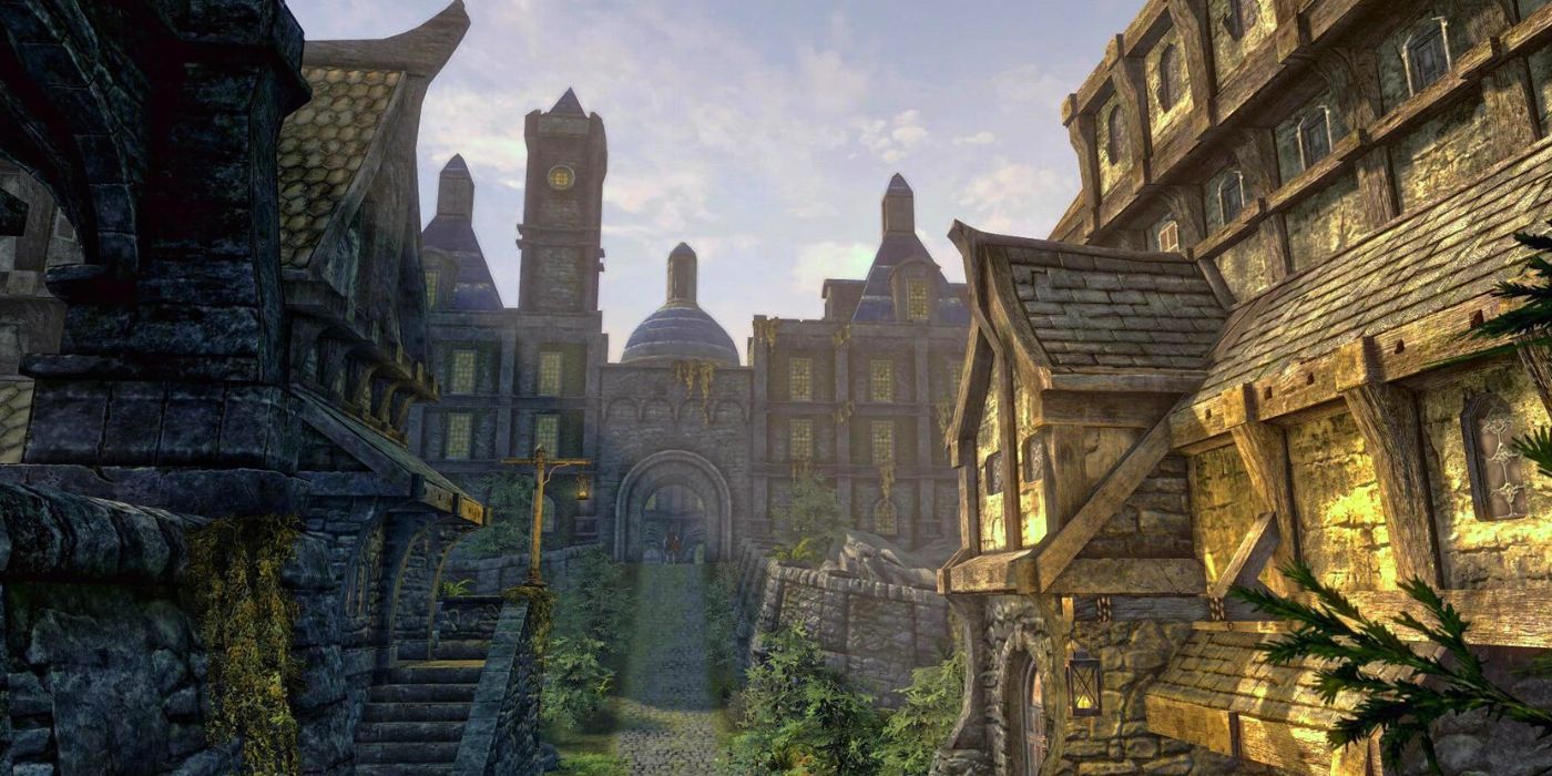 Uma imagem da Cidade Solitude de Skyrim, com o Palácio Azul à distância.