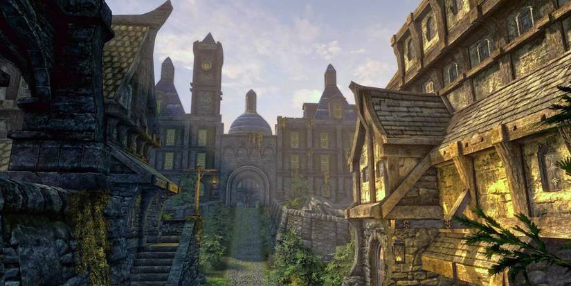 An image of Skyrim's Solitude City, with the Blue Palace in the distance.