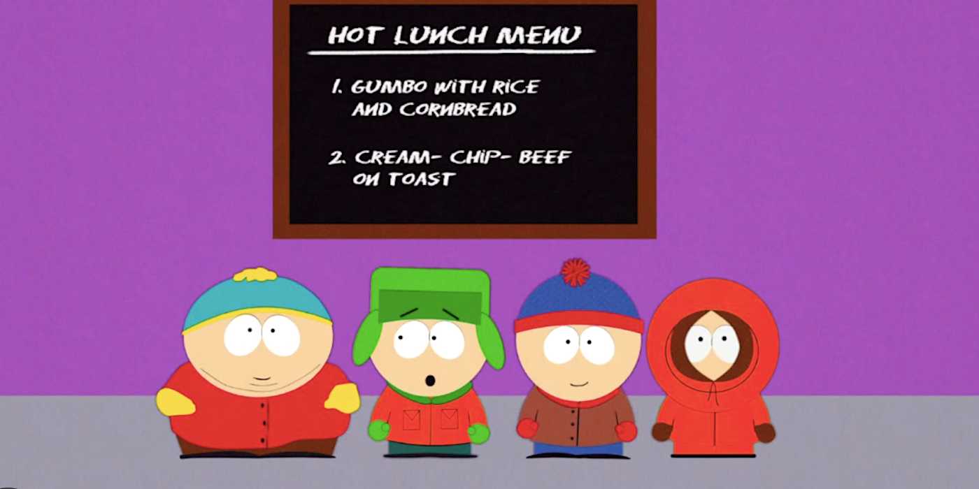 The South Park kids in the cafeteria