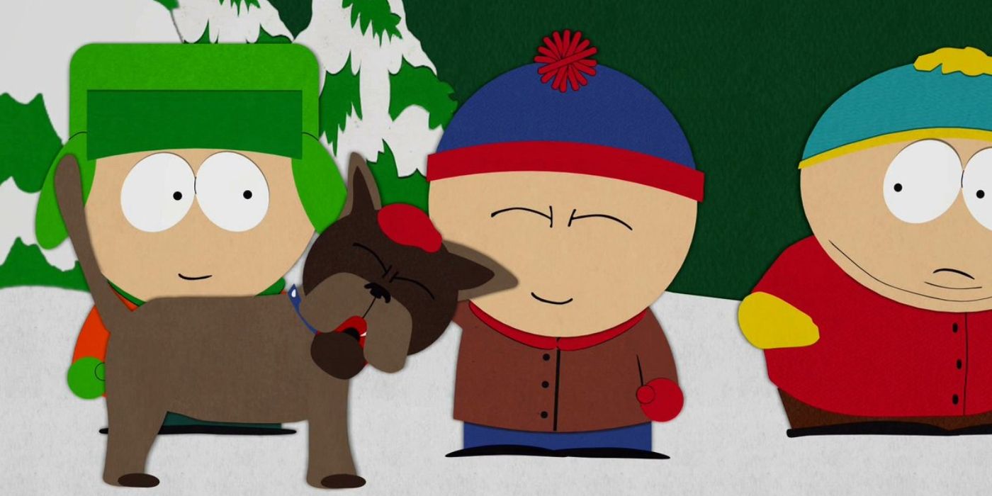 Kyle, Stan e Cartman sorrindo para Sparky, o cachorro em South Park
