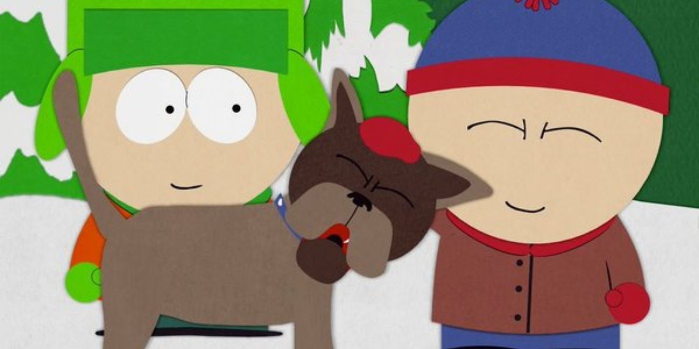 Kyle e Stan sorrindo para Sparky, o cachorro em South Park