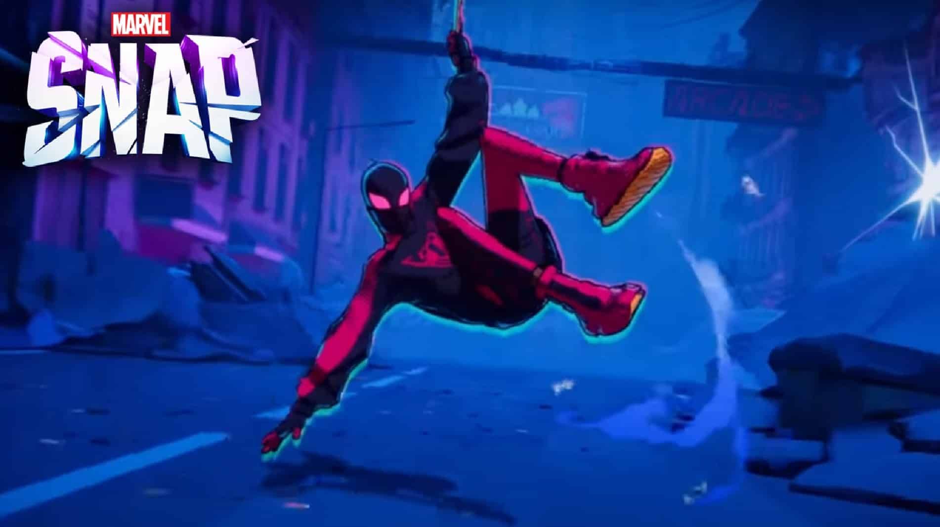 Spider Man swinging in Marvel Snap artwork