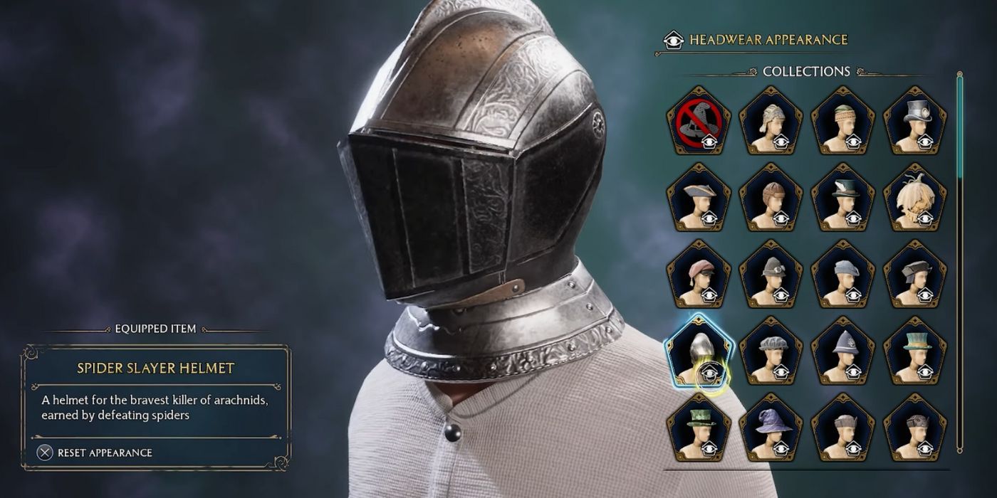 A male-presenting student wearing the Spider Slayer Helmet in Hogwarts Legacy