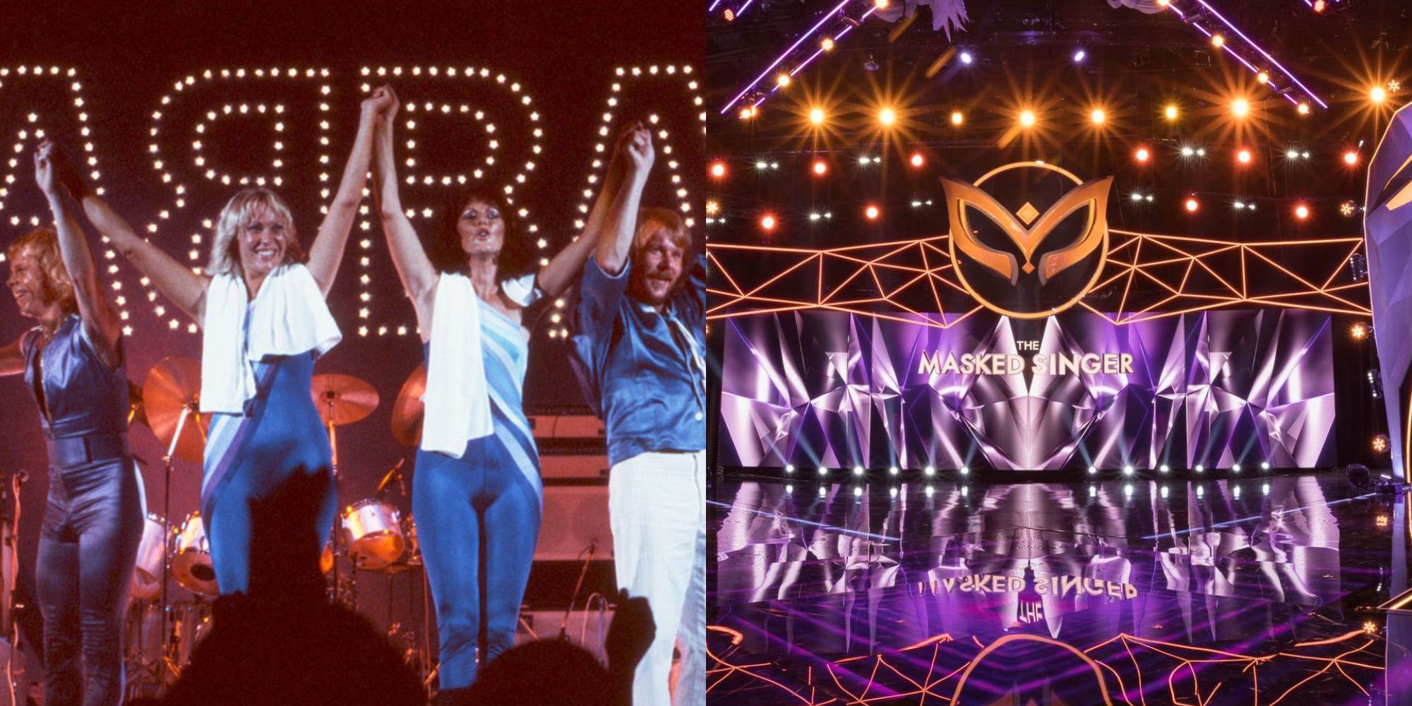 Split image of ABBA and The Masked Singer stage