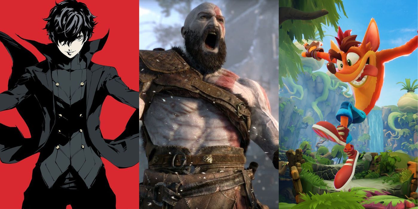 split image of Joker from Persona, Kratos from God of War and Crash Bandicoot 