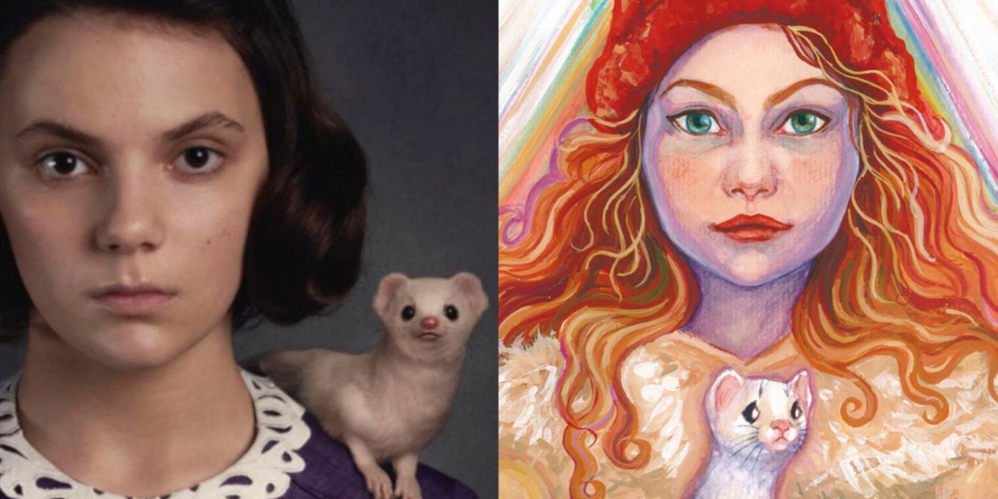 Split image of Lyra and Pantalaimon from His Dark Materials