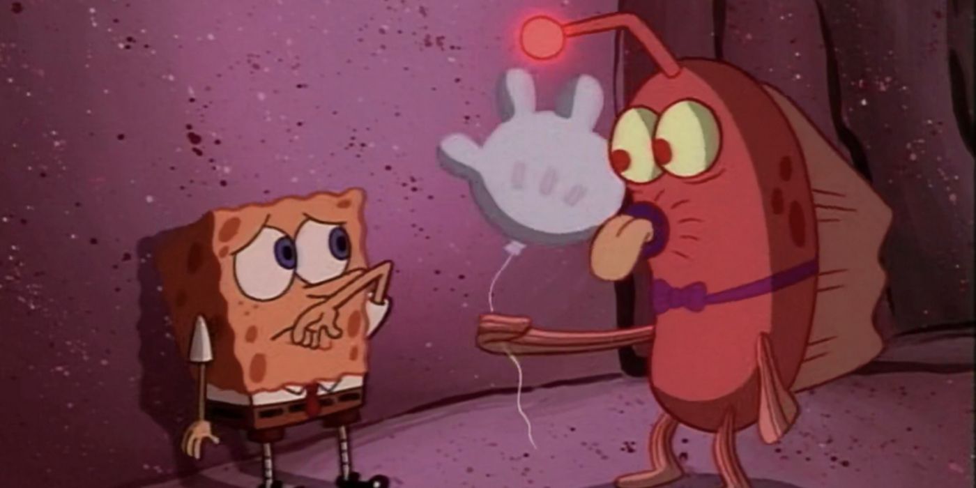 SpongeBob Squarepants looks scared when being offered a balloon