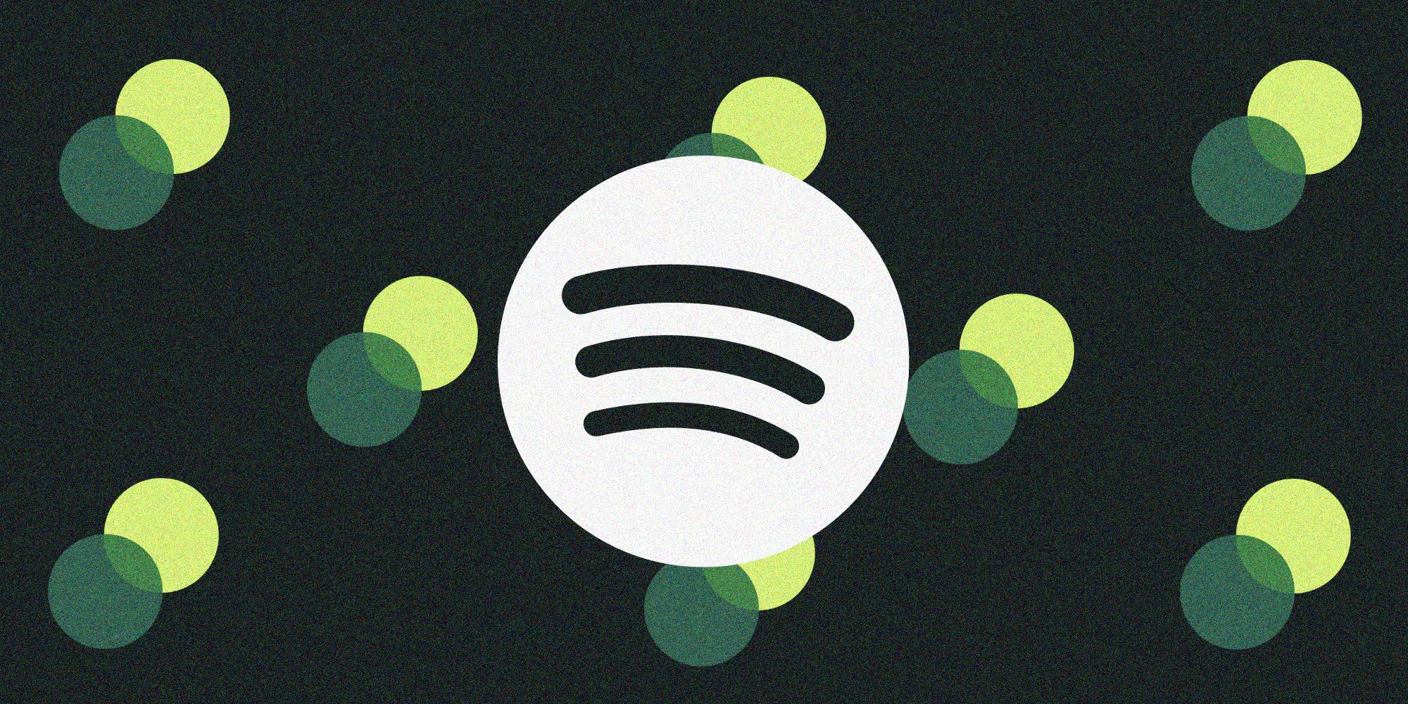 Logo Spotify en blanc sur un fond granuleux vert foncé, avec des cercles imbriqués verts et vert pâle derrière lui