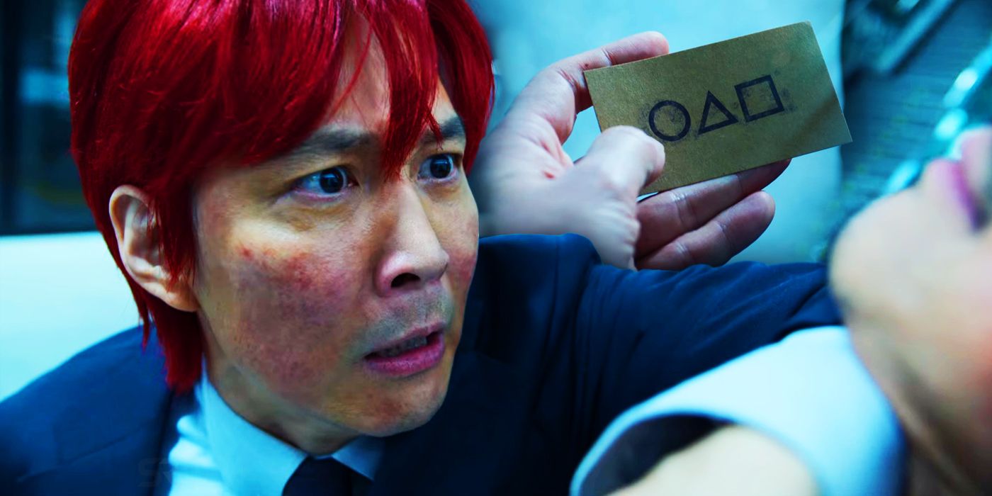 Gi-hun in Squid Game with red hair and the Squid Game card
