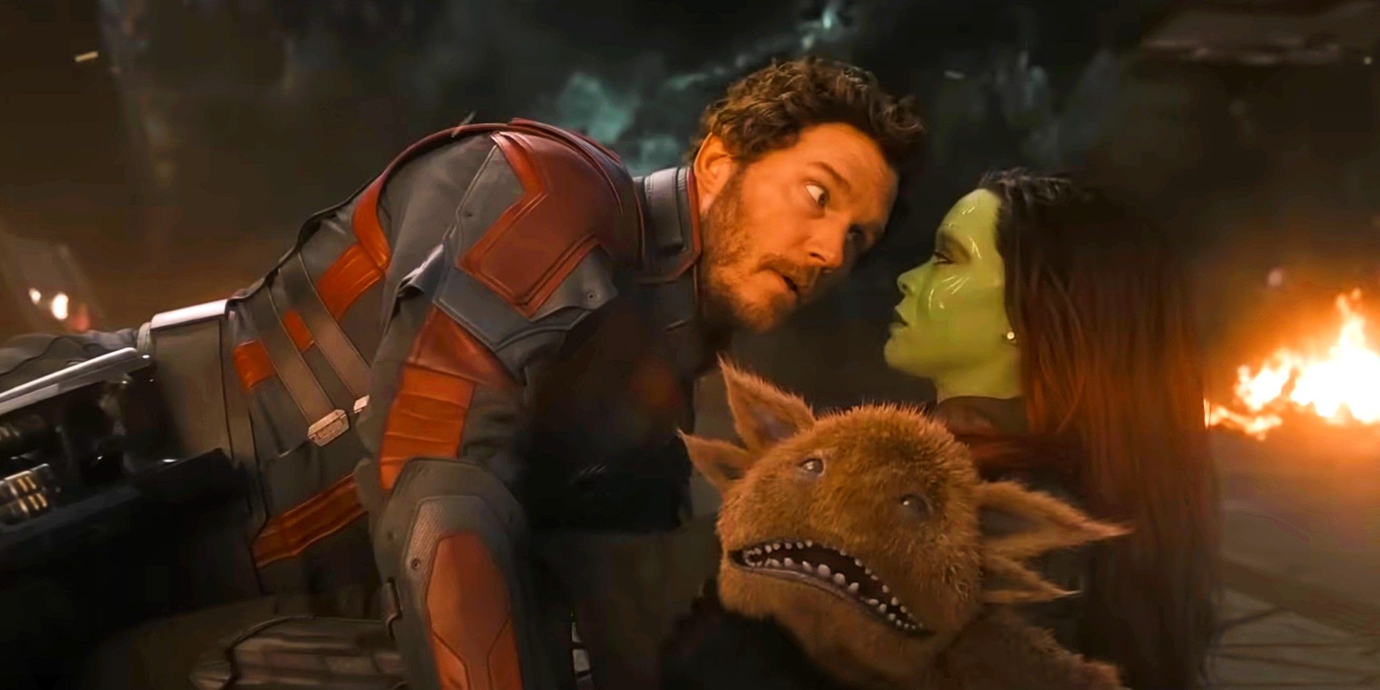 Star Lord, Gamora and Blurp in Guardians of the Galaxy 3