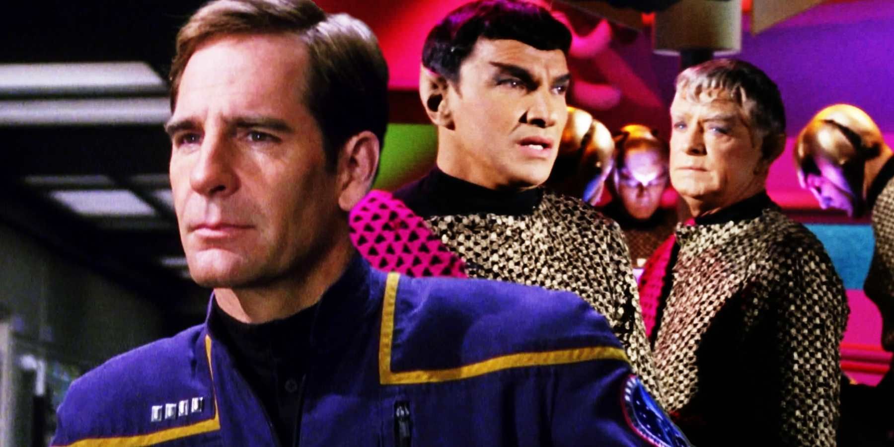 Scott Bakula as Captain Jonathan Archer and Mark Lennard as the Romulan Captain in Star Trek