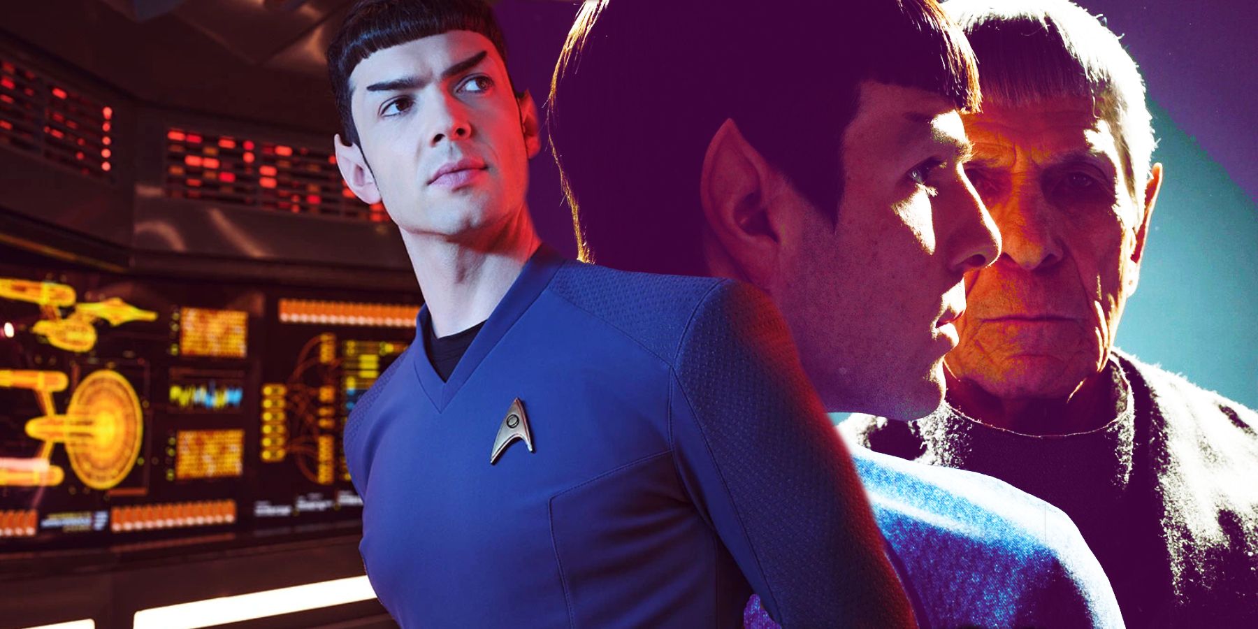 Ethan Peck, Zachary Quinto and Leonard Nimoy as Spock