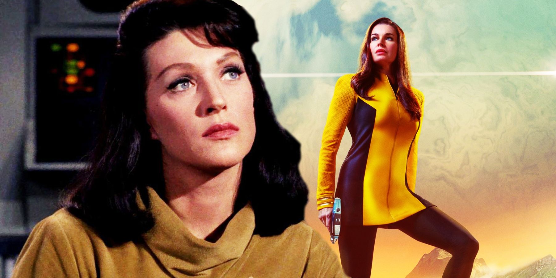 Majel Barrett and Rebecca Romijn as Number One in Star Trek.