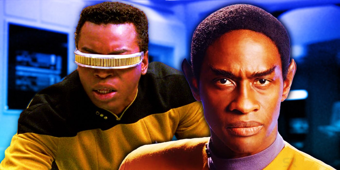 Uma colagem de Tuvok de Star Trek: Voyager e Geordi La Forge de Star Trek: The Next Generation, Tuvok olhando para fora enquanto Geordi se inclina parecendo preocupado.