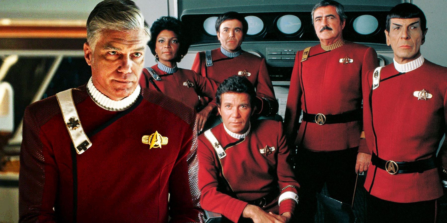 Admiral Pike in a TOS movie uniform and the cast of Wrath of Khan