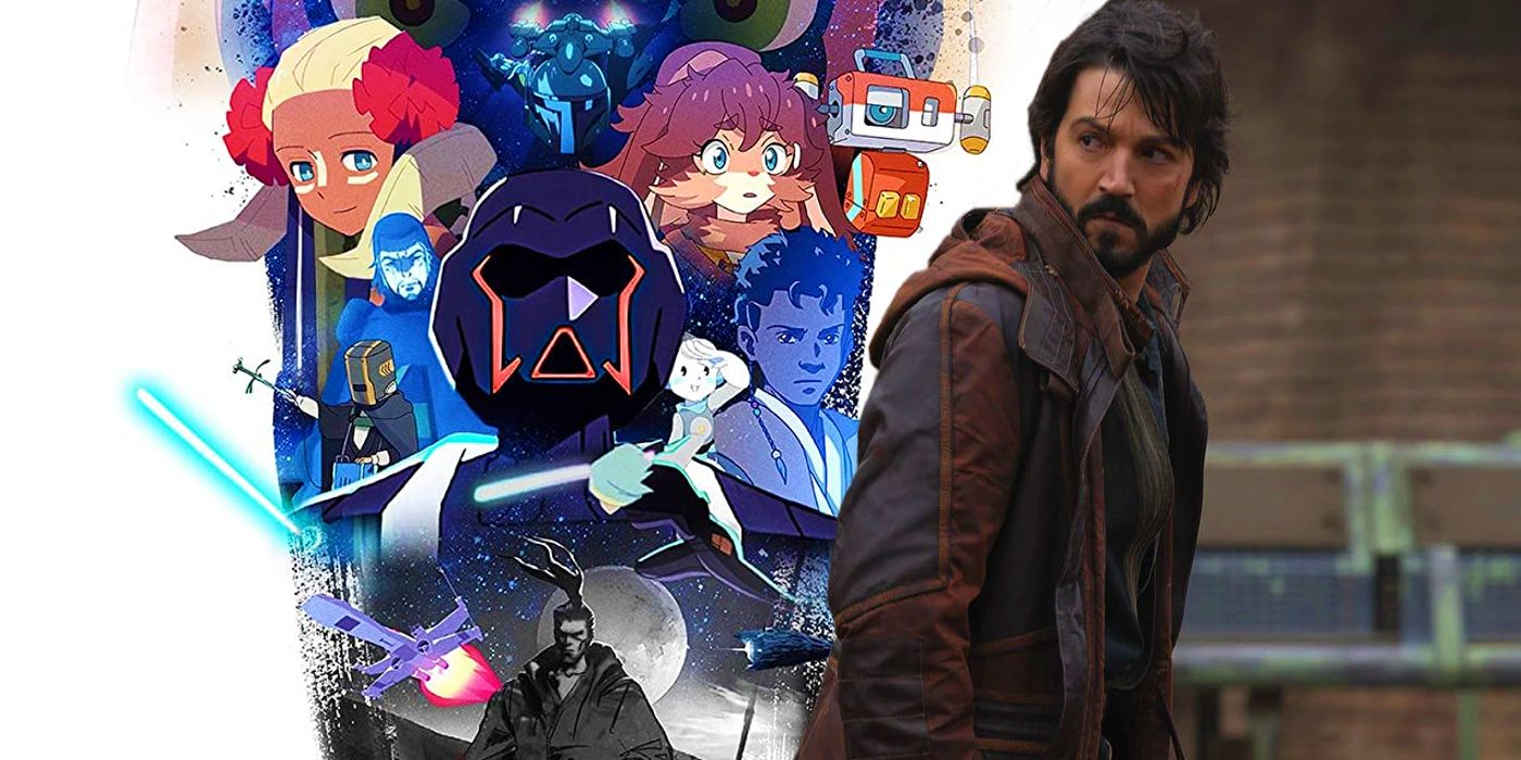 The official poster for Star Wars: Visions next to Diego Luna as Cassian in Andor.