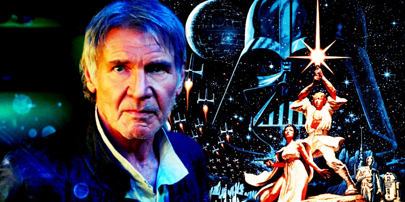 Harrison Ford in The Force Awakens and an original Star Wars A New Hope poster