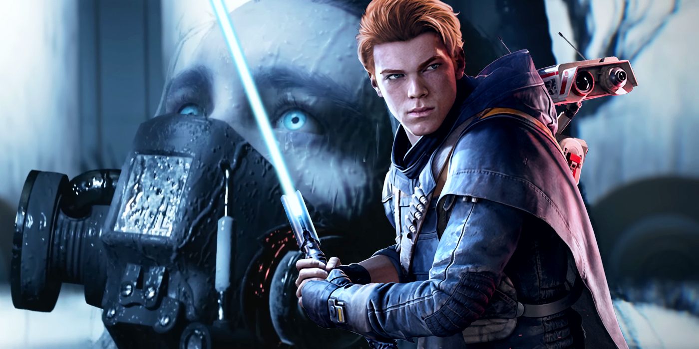 Cal Kestis holding his blue lightsaber with BD-1 on his back in front of a background showing a close-up of a mysterious figure&rsquo;s breathing mask-covered face as the bacta tank they&rsquo;re in is drained.