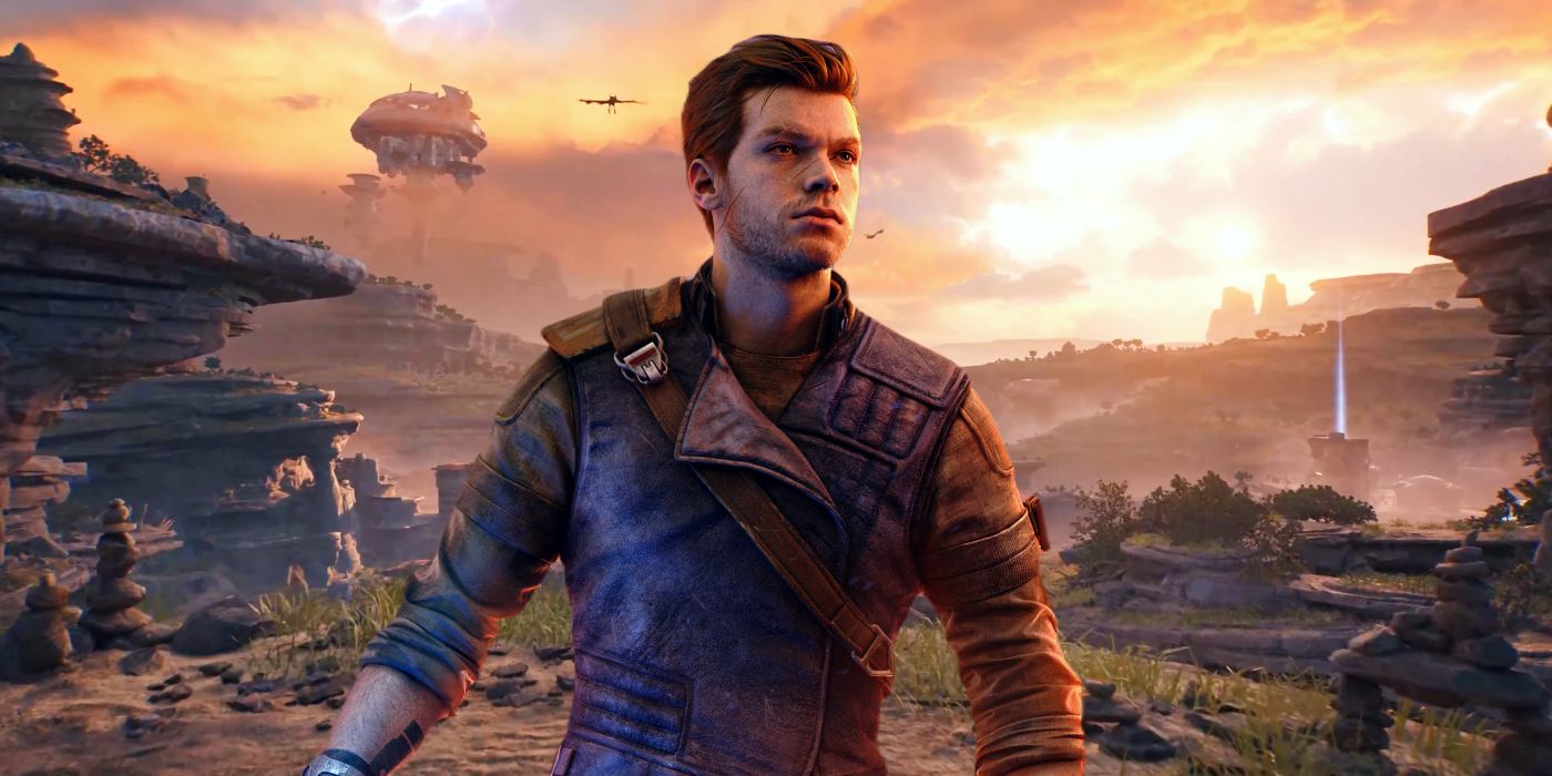 Cal Kestis from Star Wars Jedi: Survivor's key art in front of a landscape from the game's new planet, Koboh, showing a valley surrounded by rocky cliffs.