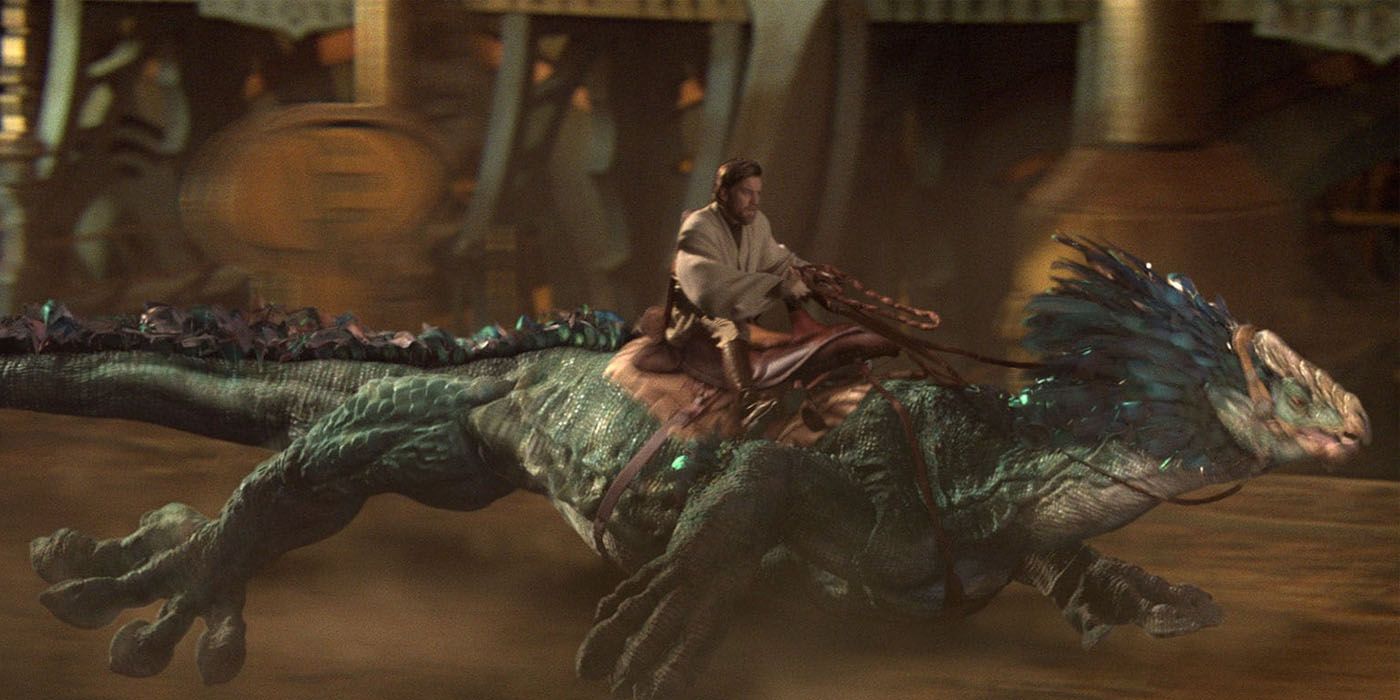 A screenshot from Star Wars Episode III: Revenge of the Sith featuring Obi-Wan Kenobi riding Boga the Varactyl.