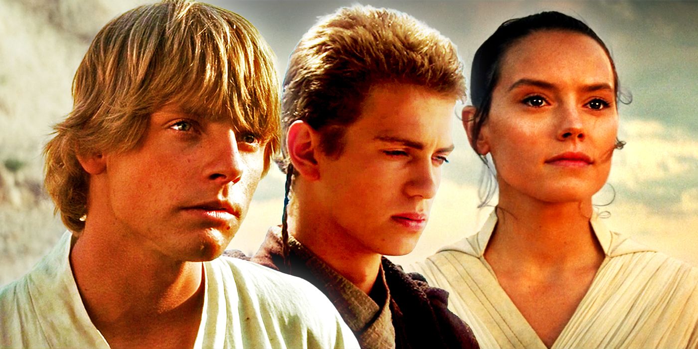 From left to right Luke Skywalker, Anakin Skywalker, and Rey Skywalker