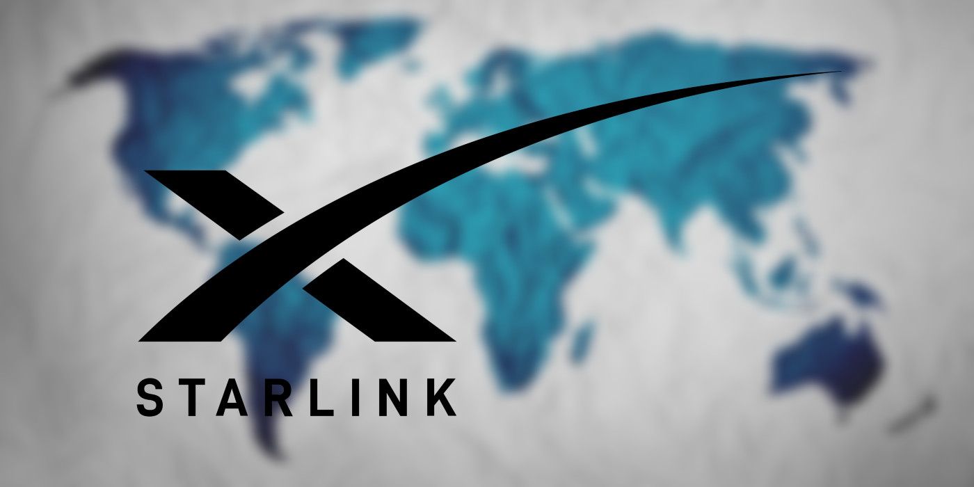 Black Starlink logo on a blurred world map, depicting the land masses in blue and the oceans in white