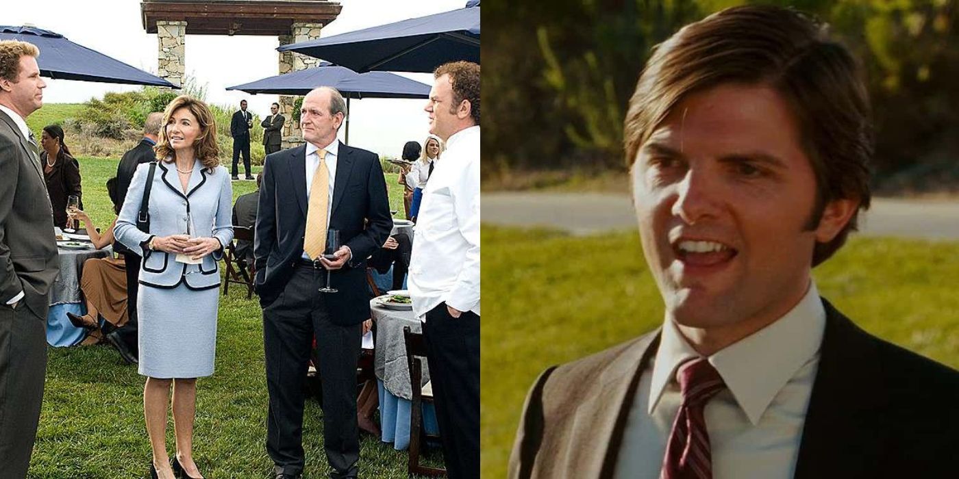 Split image of Brennan, Nancy, Robert and Dale at the wine mixer and Derek looking mad on Step Brothers