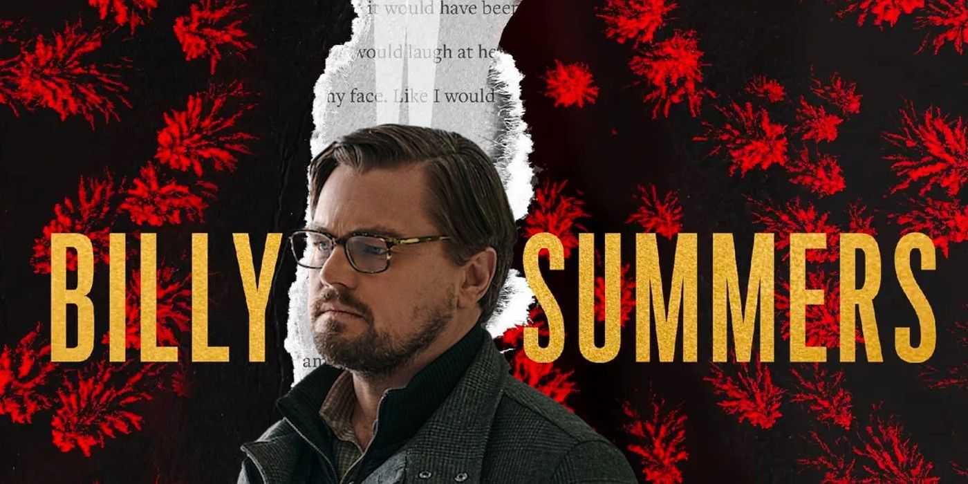 Leonardo DiCaprio standing in front of the cover for Stephen King's novel Billy Summers