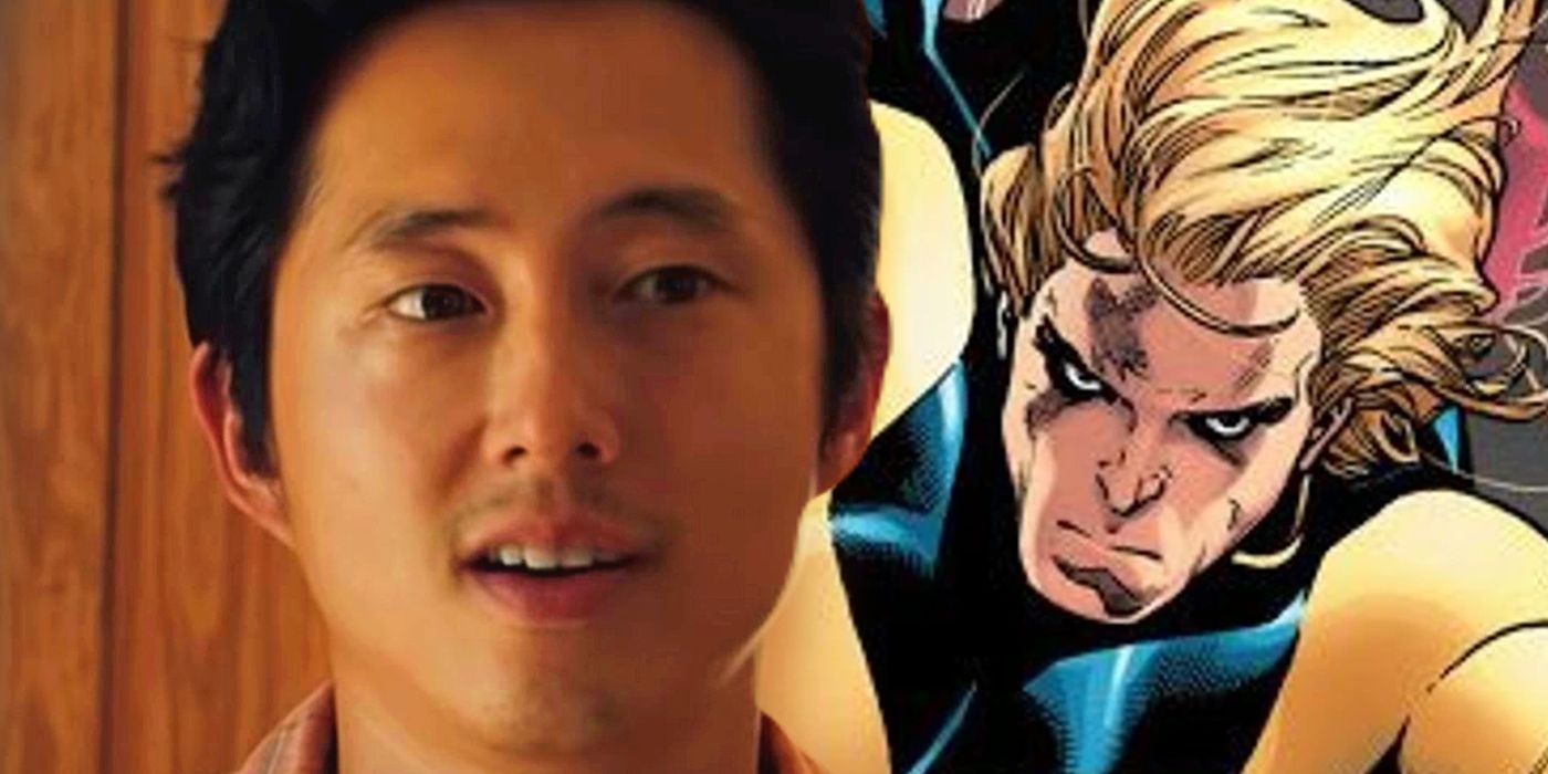 Split Image of Steven Yeun in Minari; Sentry glowering as he flies through the air in Marvel Comics