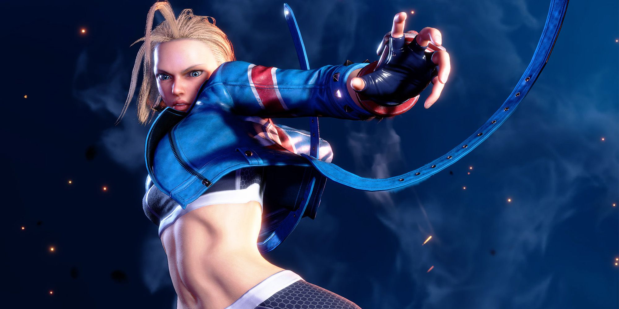 Blonde female Street Fighter 6 character Cammy in a short Union Jack jacket against a blue background.