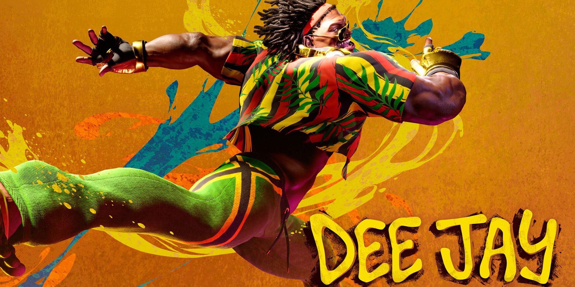 Street Fighter 6 character Dee Jay in Jamaica-themed attire dramatically swinging a leg back in a kick.
