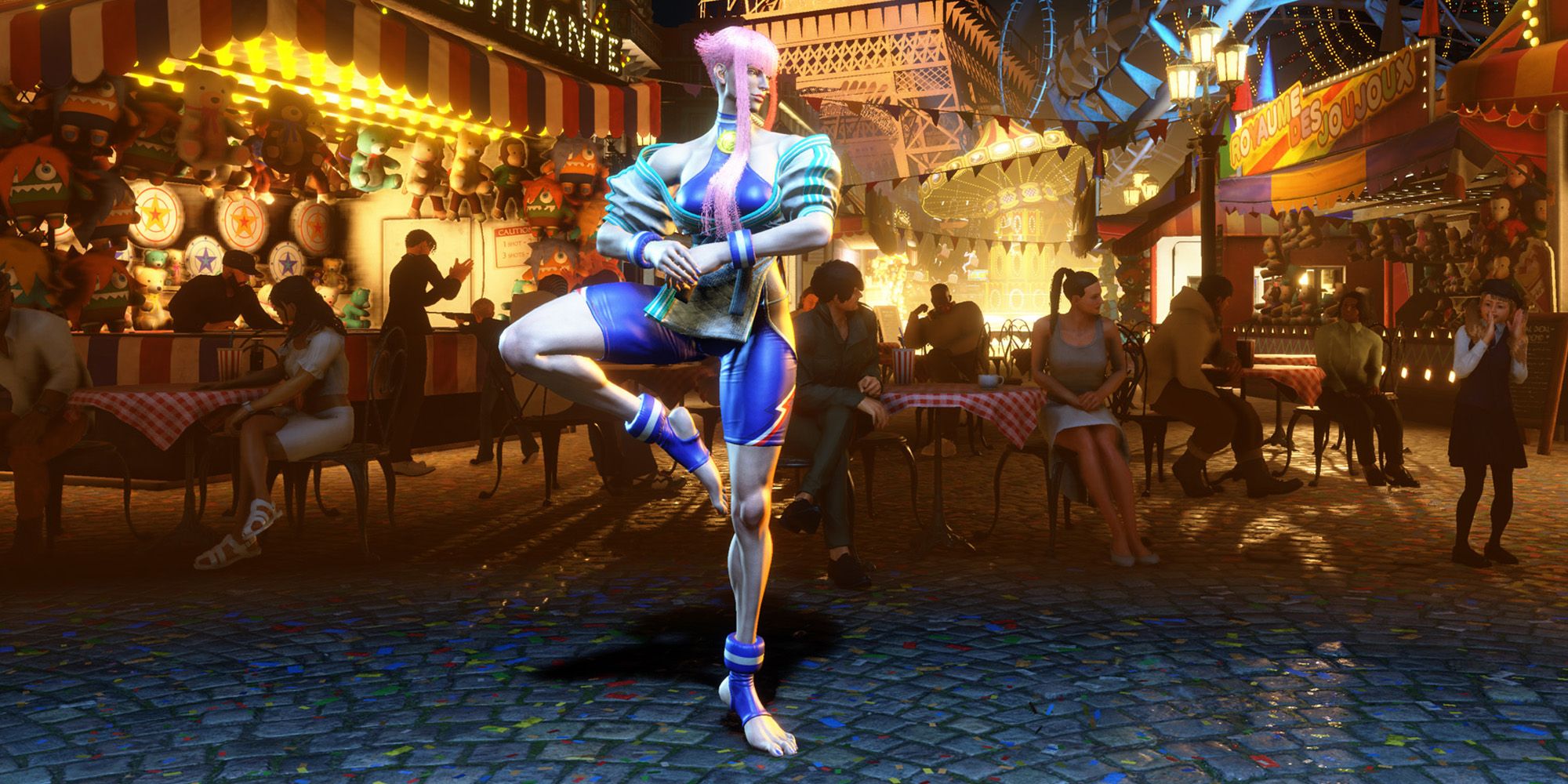 New Street Fighter 6 Character Manon with pink hair and an athletic outfit posing on one foot in a street market.