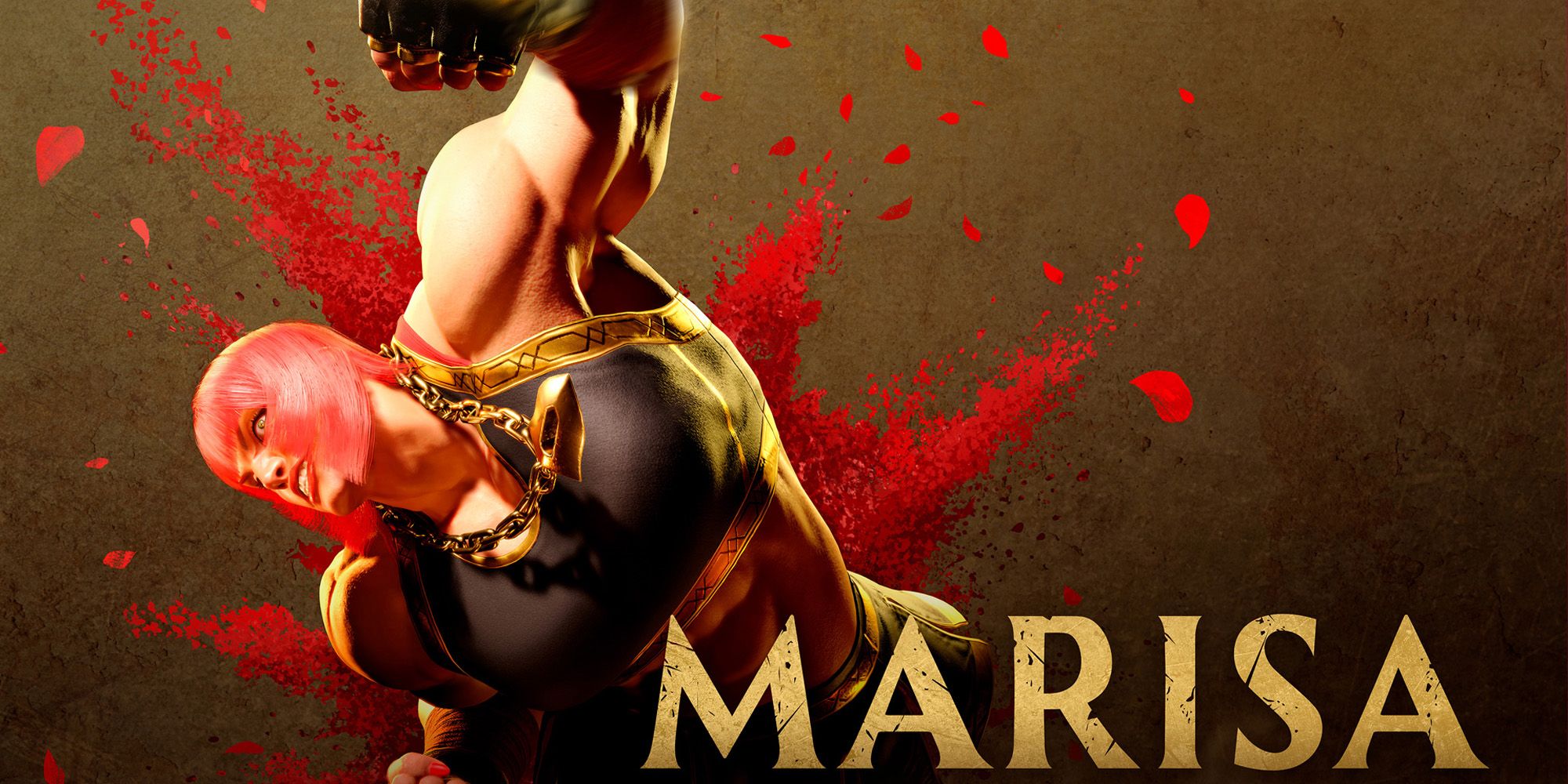 New Street Fighter 6 character Marisa, a muscular woman in a Gladiator-inspired outfit, swinging a dramatic punch.