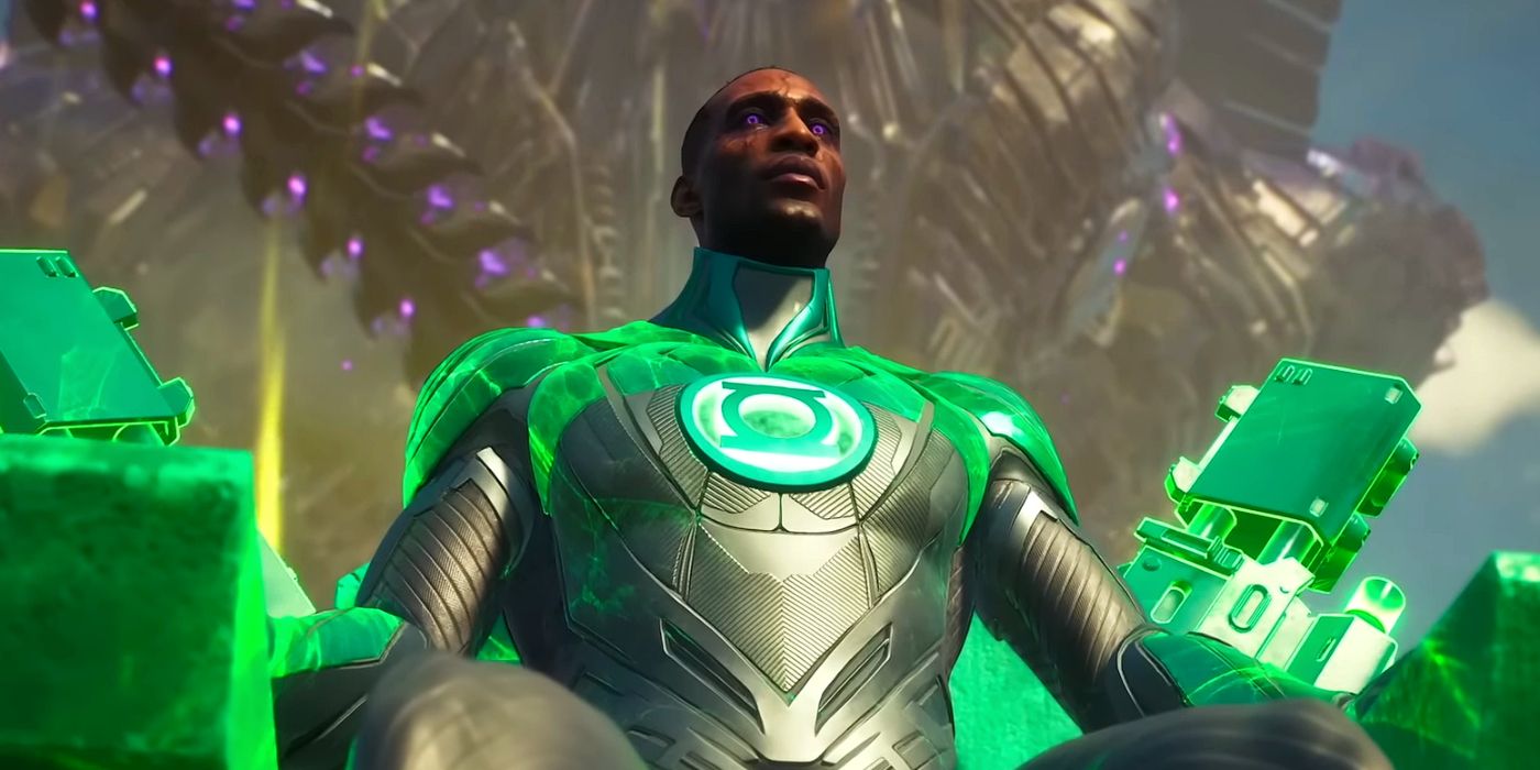 Green Lantern sitting on a throne he's constructed in Suicide Squad: Kill the Justice League. His eyes are purple while under the control of Brainiac.