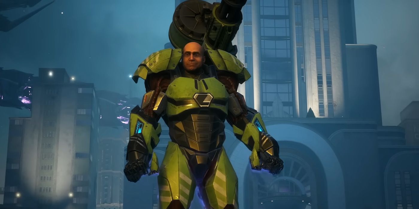 Lex Luthor wearing flying green power armor in Suicide Squad: Kill the Justice League