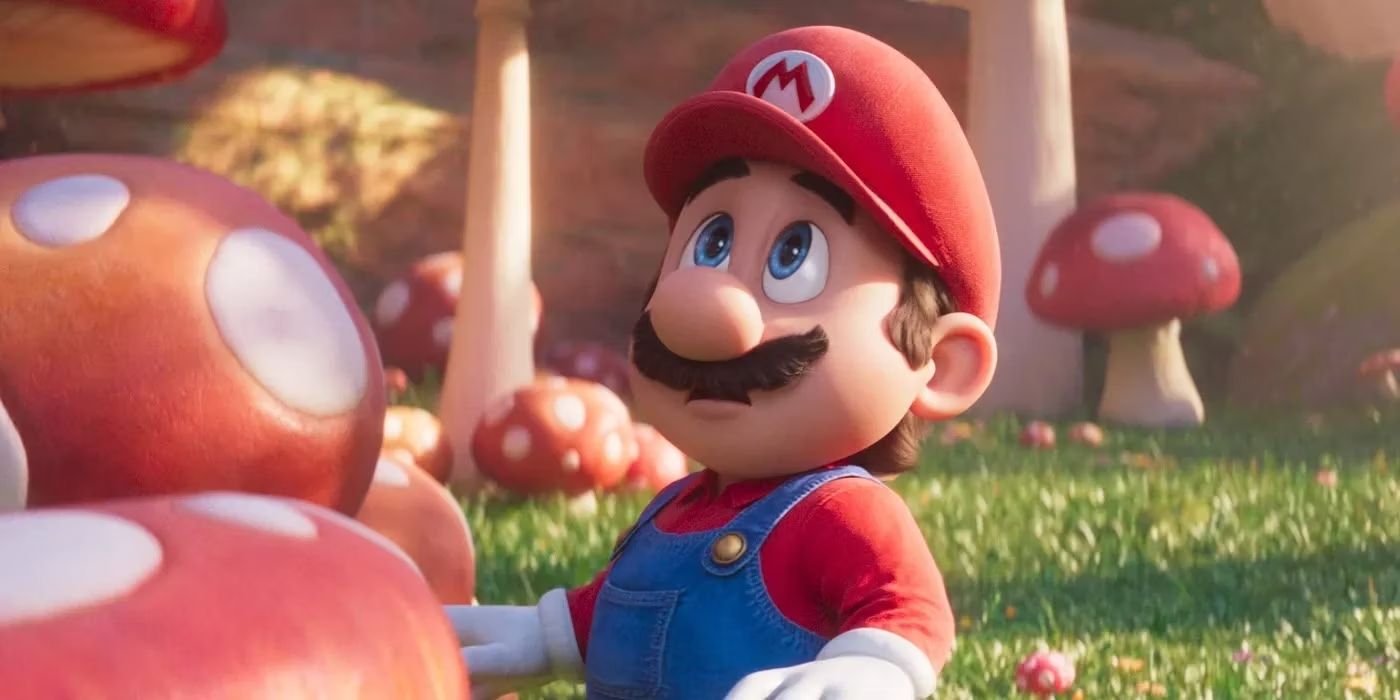 Mario looks around Mushroom World in The Super Mario Bros Movie