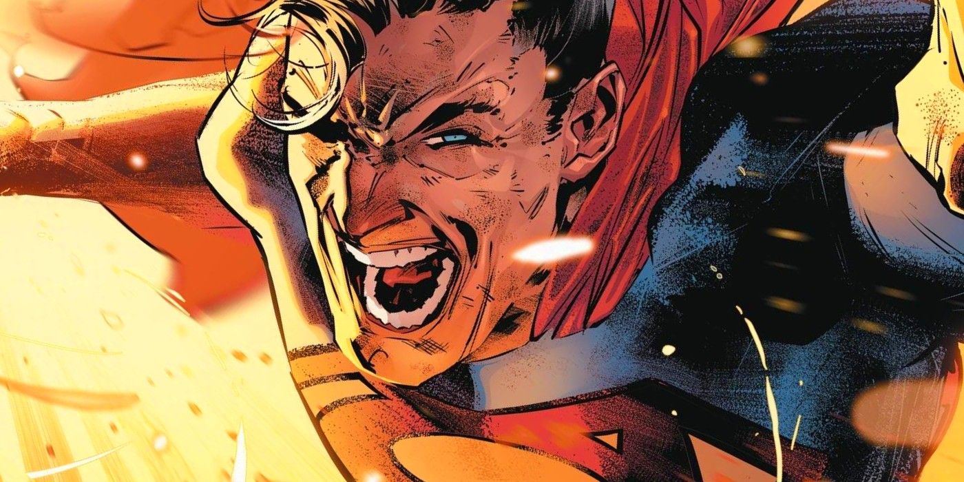 Superman launches a powerful attack with an excited expression on his face.