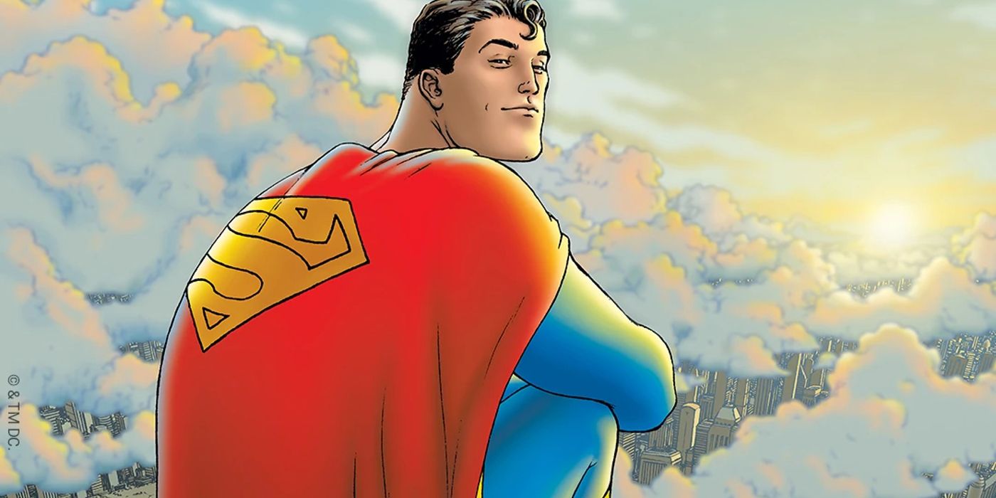 The official artwork for the DCU's Superman: Legacy features Clark Kent perched on the clouds of Metropolis.