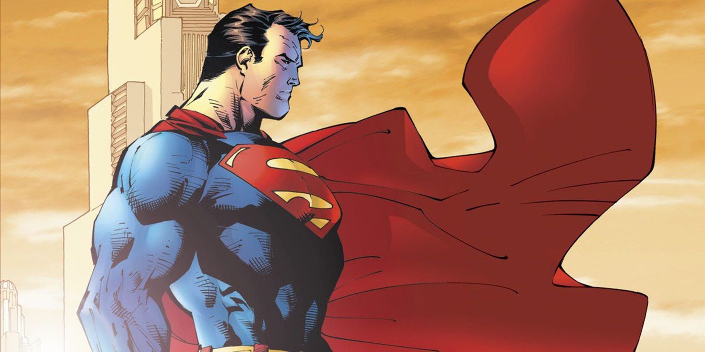 Superman in the comics with his cape flying in the wind